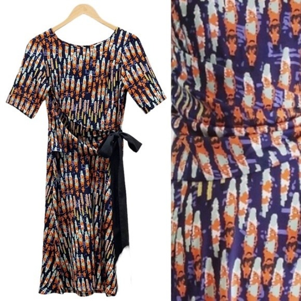 Shabby Apple Retro Tie-Waist A-Line Dress Navy Pumpkin Mint Women’s Size 6